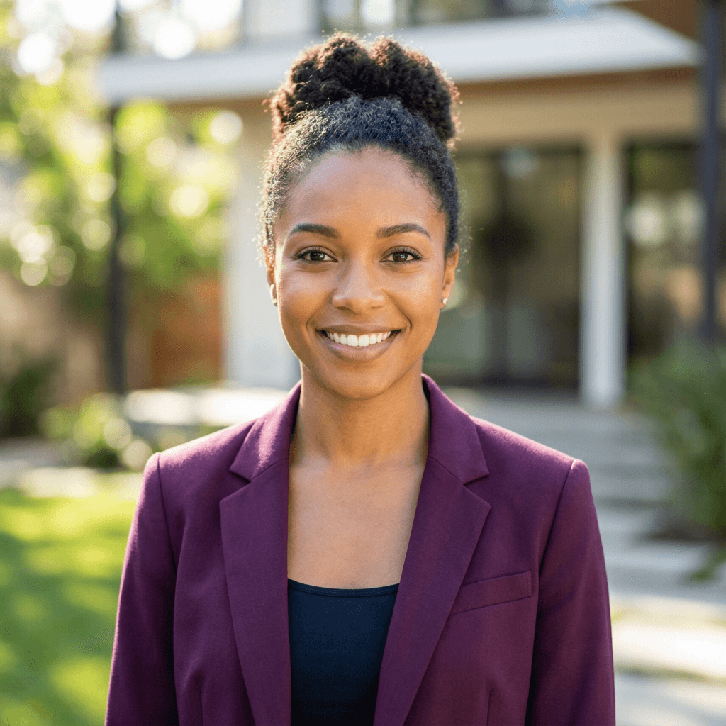 Sarah Mitchell in professional attire outside a residential building