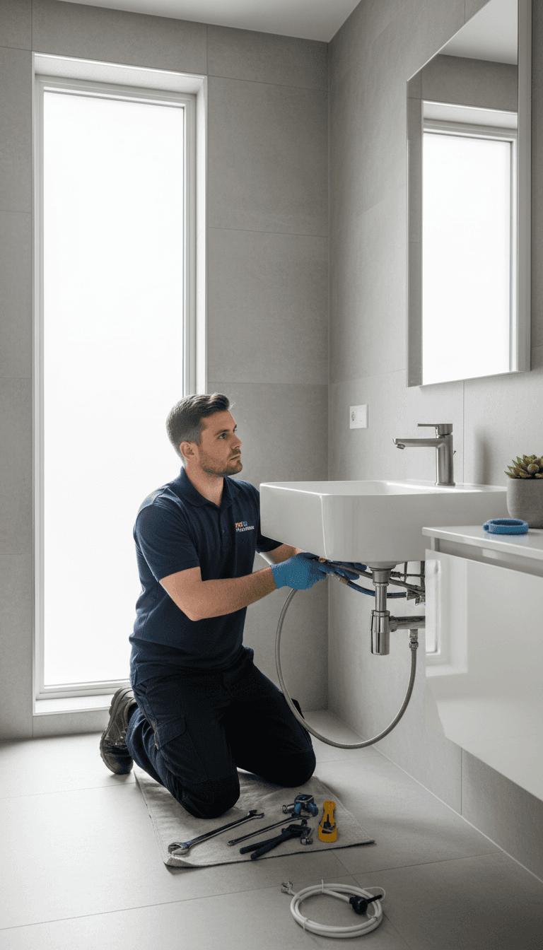 Plumber installing a new faucet in a bright bathroom