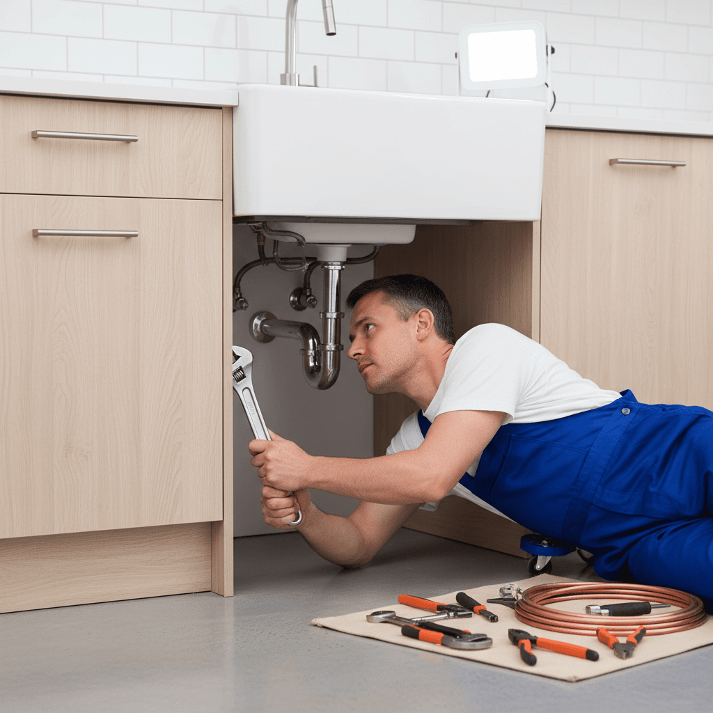 Plumber repairing a sink pipe under a modern kitchen sink