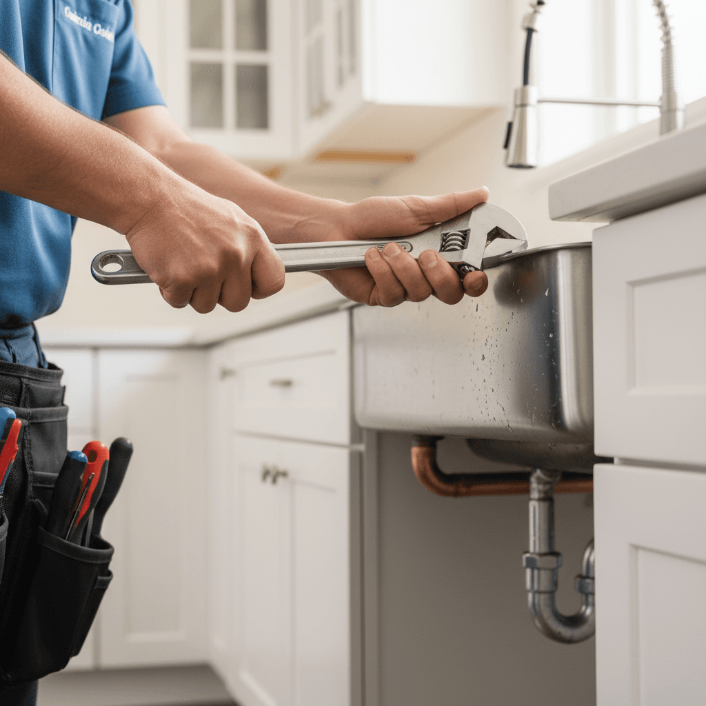Plumber tightening a pipe under a kitchen sink