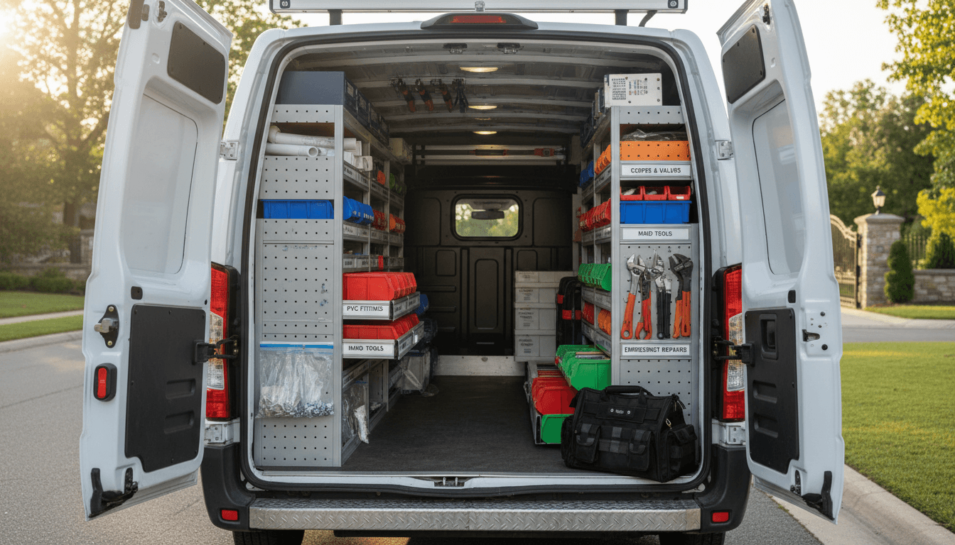 Smiling plumber holding a wrench in a well-equipped van ready for service in Toronto
