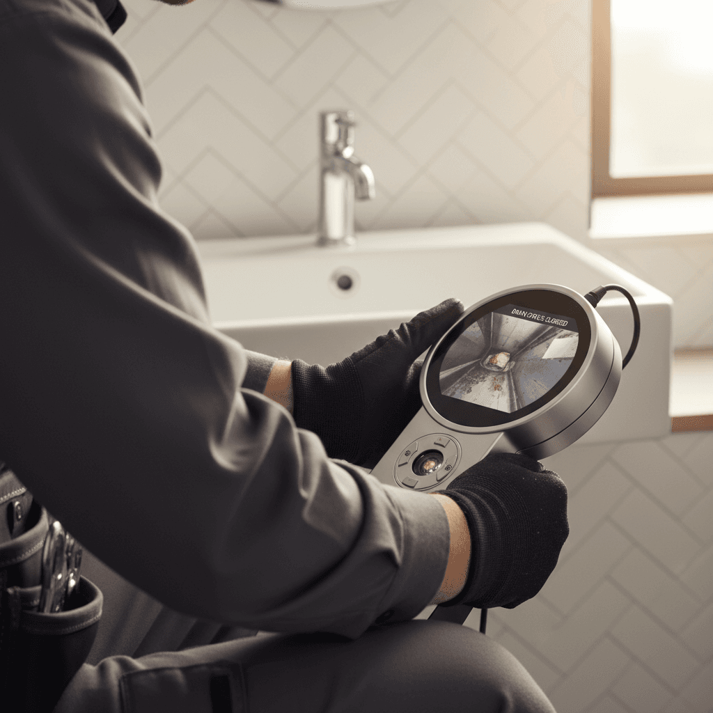 Professional plumber reviewing work in a bright modern bathroom