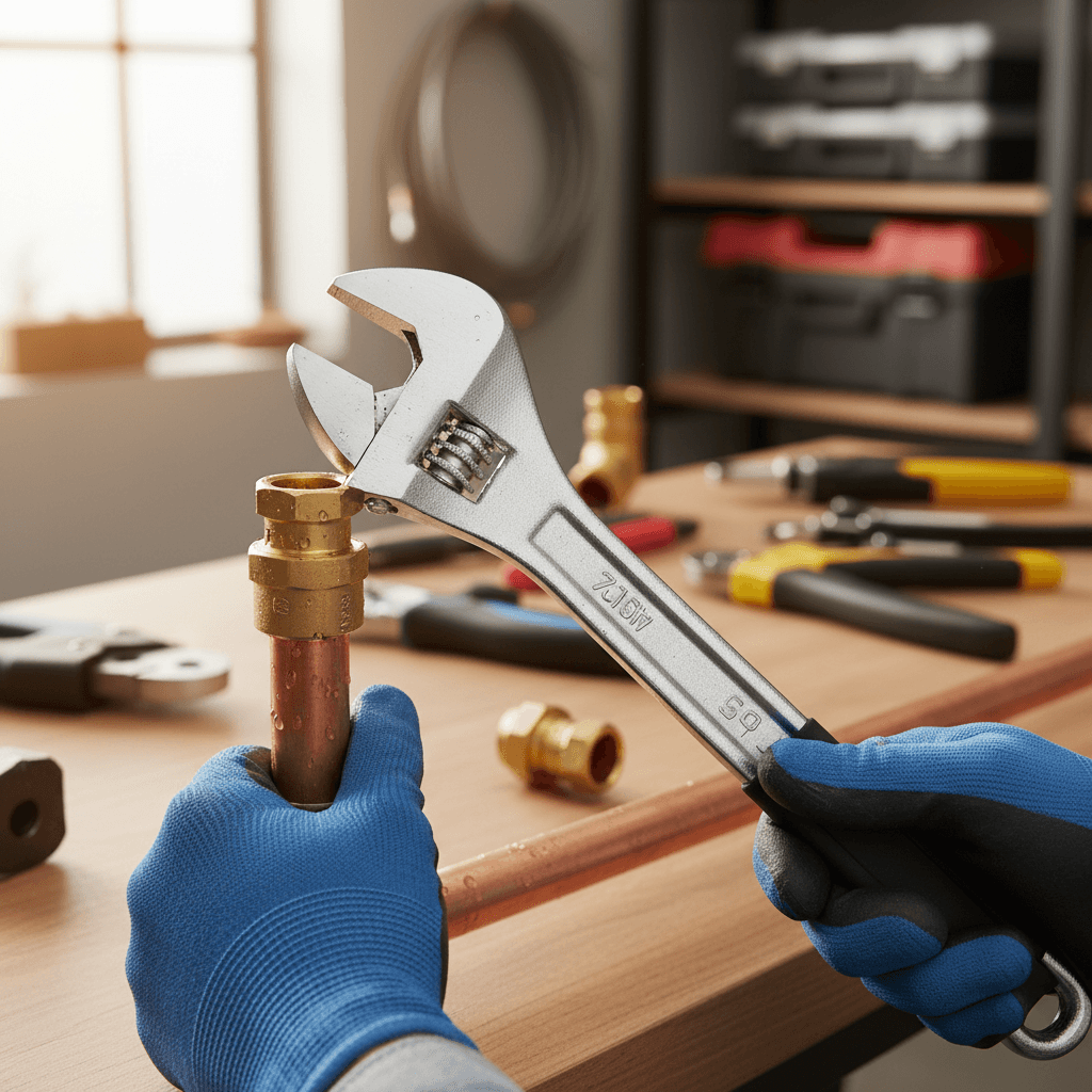 Close-up of hands adjusting a copper pipe fitting